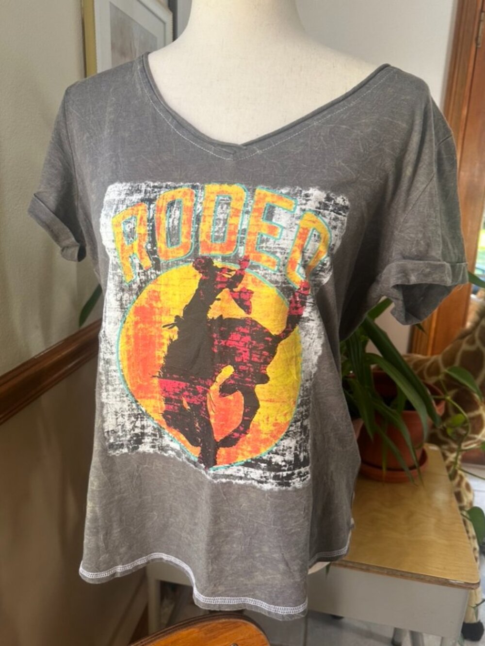 Panhandle Women's V Neck Tee, Rodeo Graphic, Gray, M